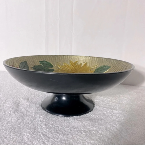 Vintage Nasco Lacquerware Textured Peony  Pedestal Bowl - Picture 4 of 14